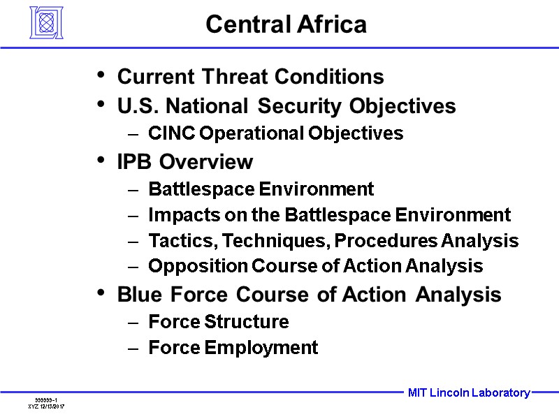 Central Africa Current Threat Conditions U.S. National Security Objectives CINC Operational Objectives IPB Overview